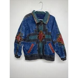 VINTAGE IZZI PATCHWORK JEAN DENIM FULL ZIP UP WESTERN COWBOY JACKET Sz Small EUC